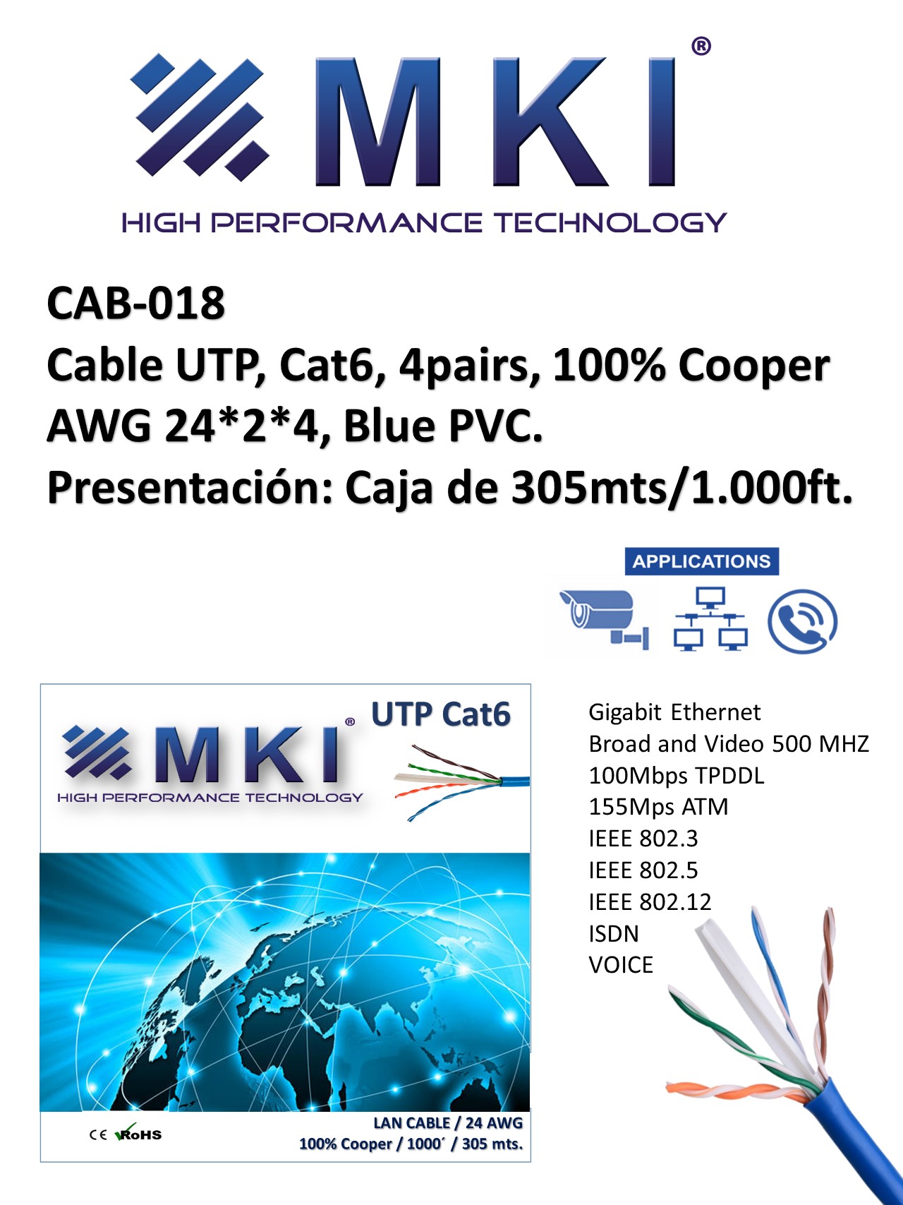 Network Cable,UTP Cat6,4pairs,100%Cooper AWG24*2*4, Blue Pvc .-Box 305mts/1000ft